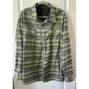 Swiss Tech Shirt Mens 2XL Gray tan Blue white Striped Button Up Long Sleeve